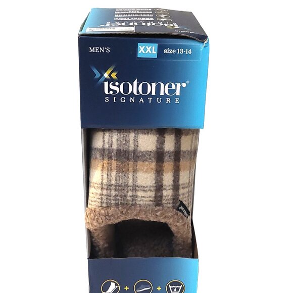 Isotoner Signature Men's Brown Plaid Memory Foam Indoor/Outdoor Slippers Sz 13 - Picture 1 of 5
